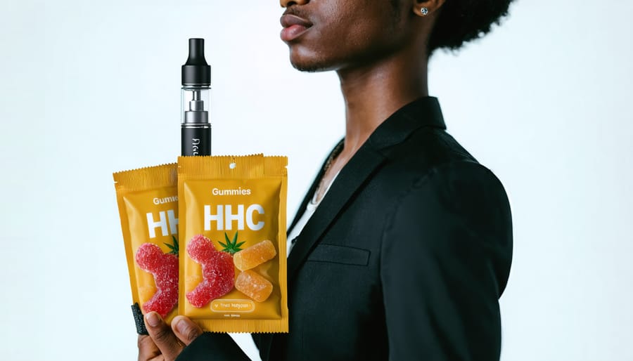 Person showcasing HHC gummies and a vape pen as alternatives to smoking