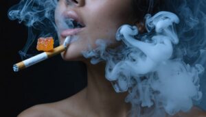 Image illustrating the transition from cigarette smoking to vaping, with vapor clouds and HHC gummies symbolizing a healthier change.